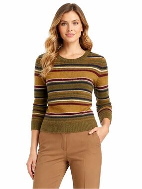 Zara Striped Olive Green Mohair Wool Blend Sweater Crew Neck Long Sleeve Sz L